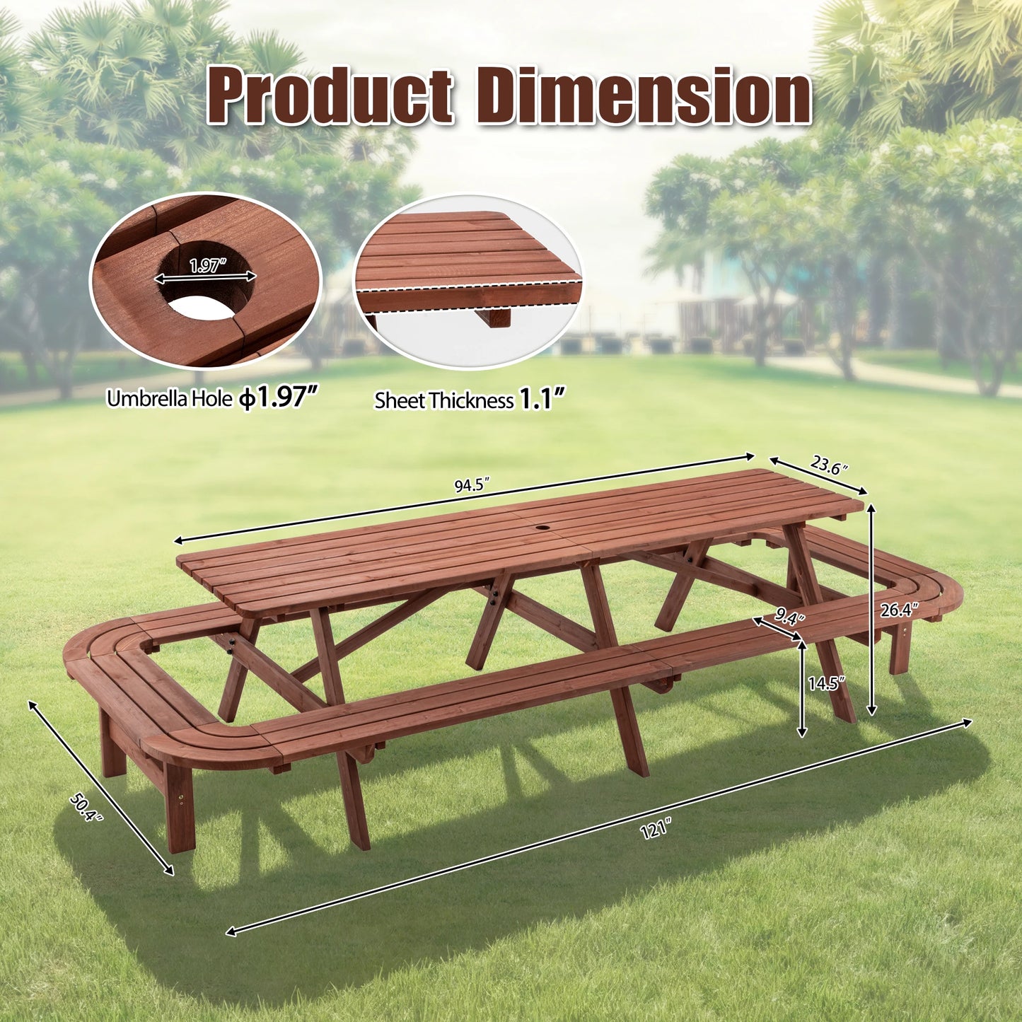 Wooden Outdoor Picnic Table With Umbrella Hole For Patio Deck