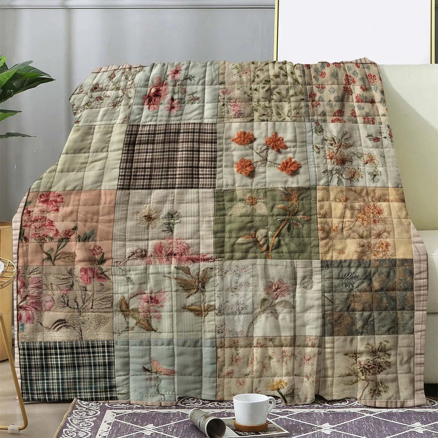 Vintage Checkered Floral Blanket All-Season Soft Throw Home