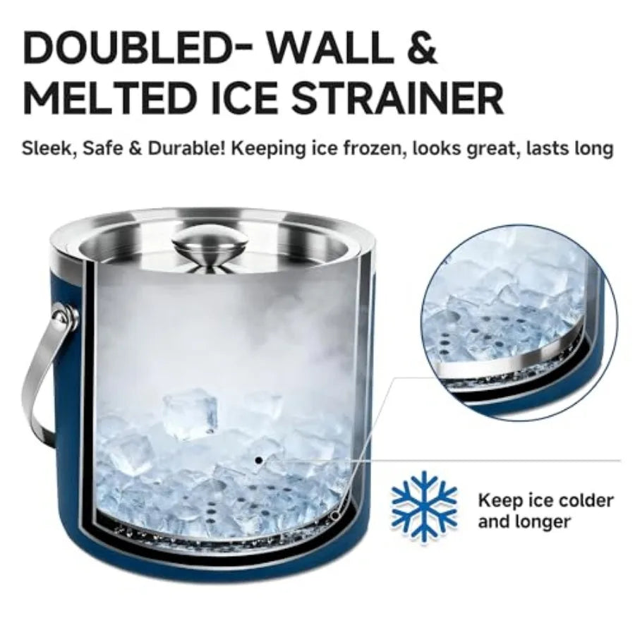 3L Double-Wall Insulated Stainless Steel Ice Bucket with scoop for Cocktail Bar - Metal Ice Bucket for freezer with Lid for par
