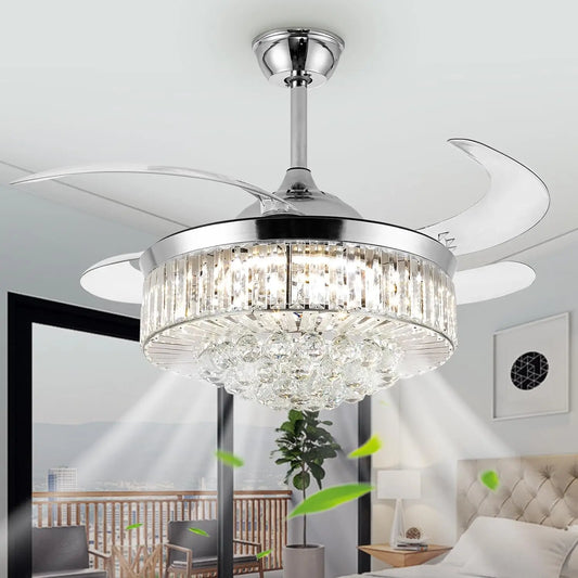 Crystal Ceiling Fan With Light Remote Retractable Blades 6 Speeds