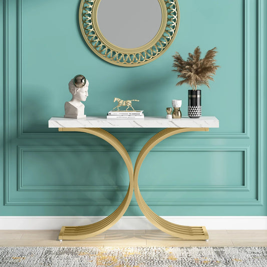 Tribesigns   Wooden Luxury Living Room Furniture Modern White Faux Marble Top Gold Metal Console Table