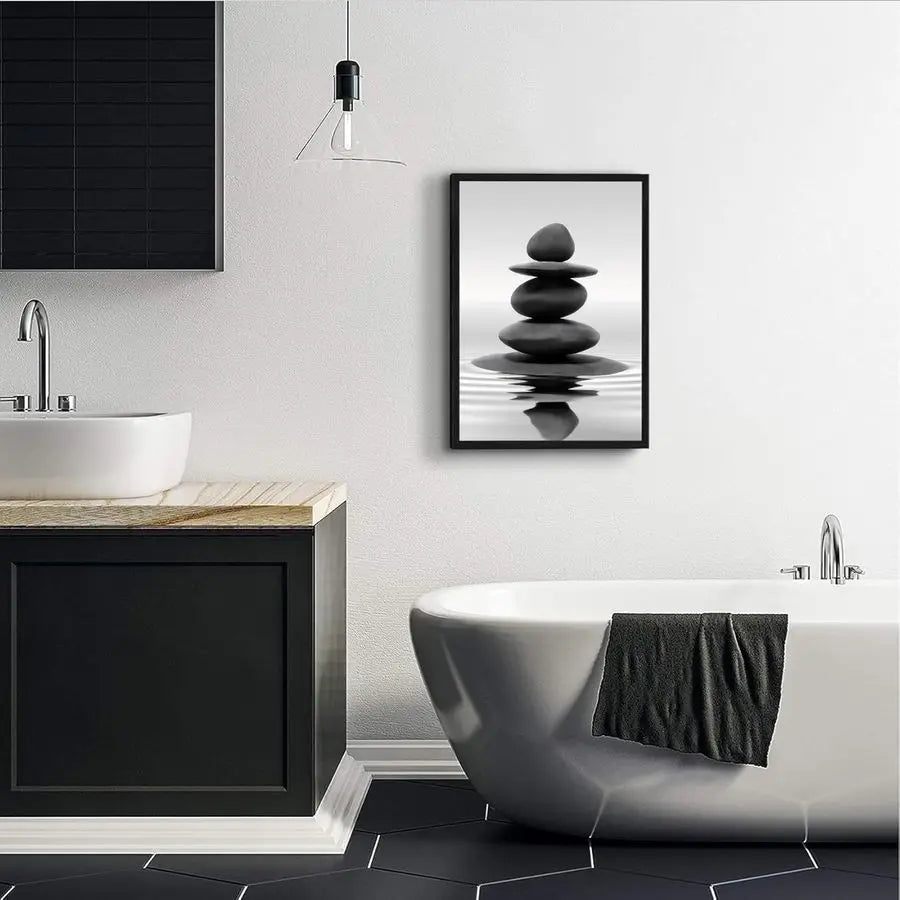 Framed Zen Stones Bathroom Wall Art for Spa and Yoga