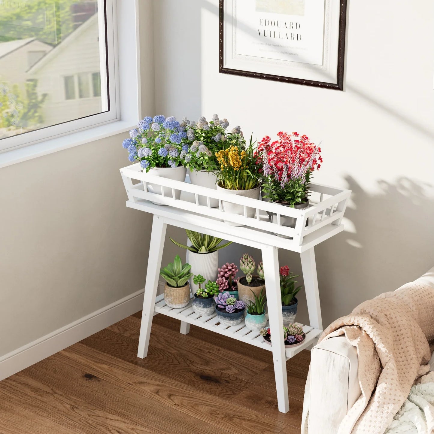 Two Tier Bamboo Plant Stand For Balcony And Living Room