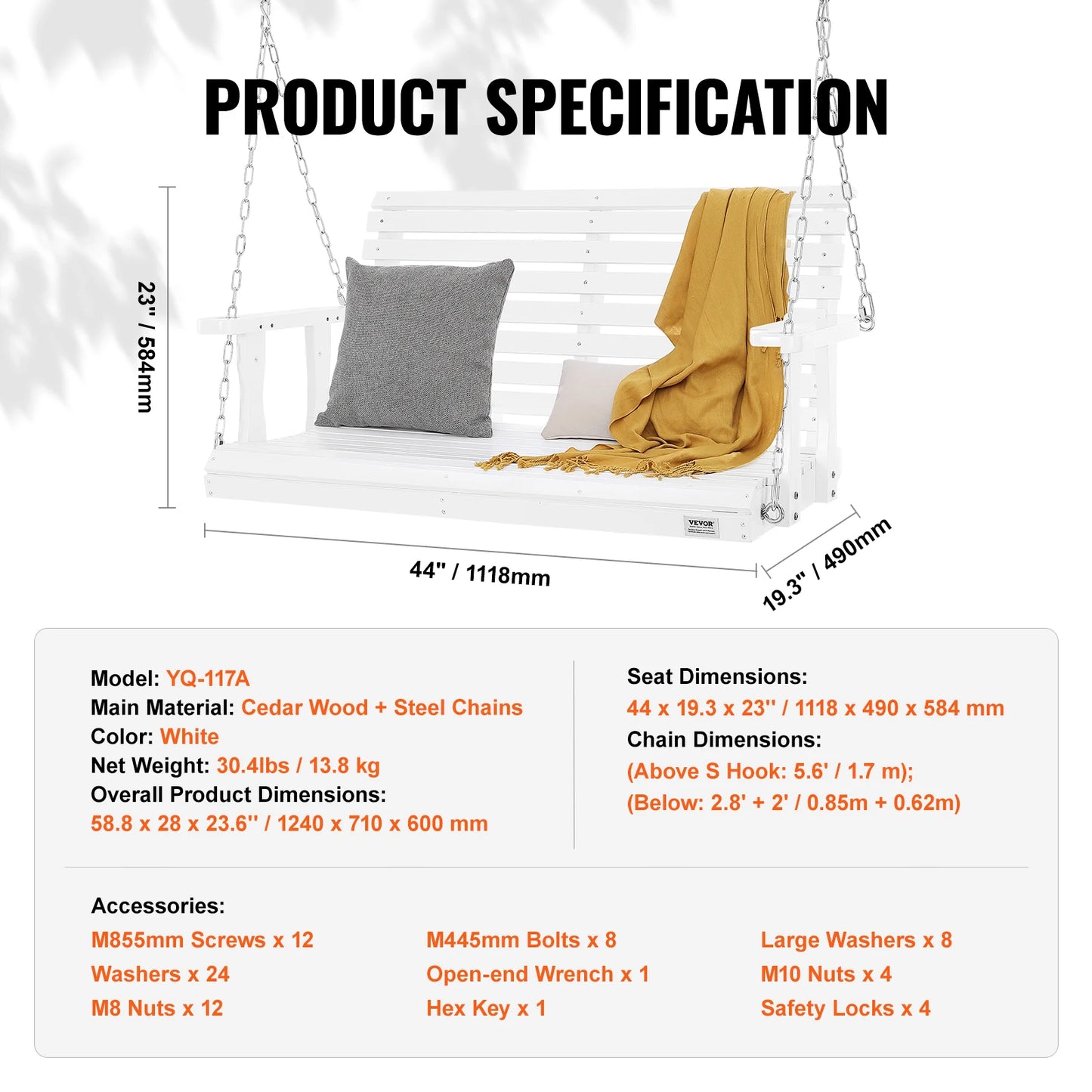 SucceBuy Wooden Porch Swing With 880 Lb Load Capacity