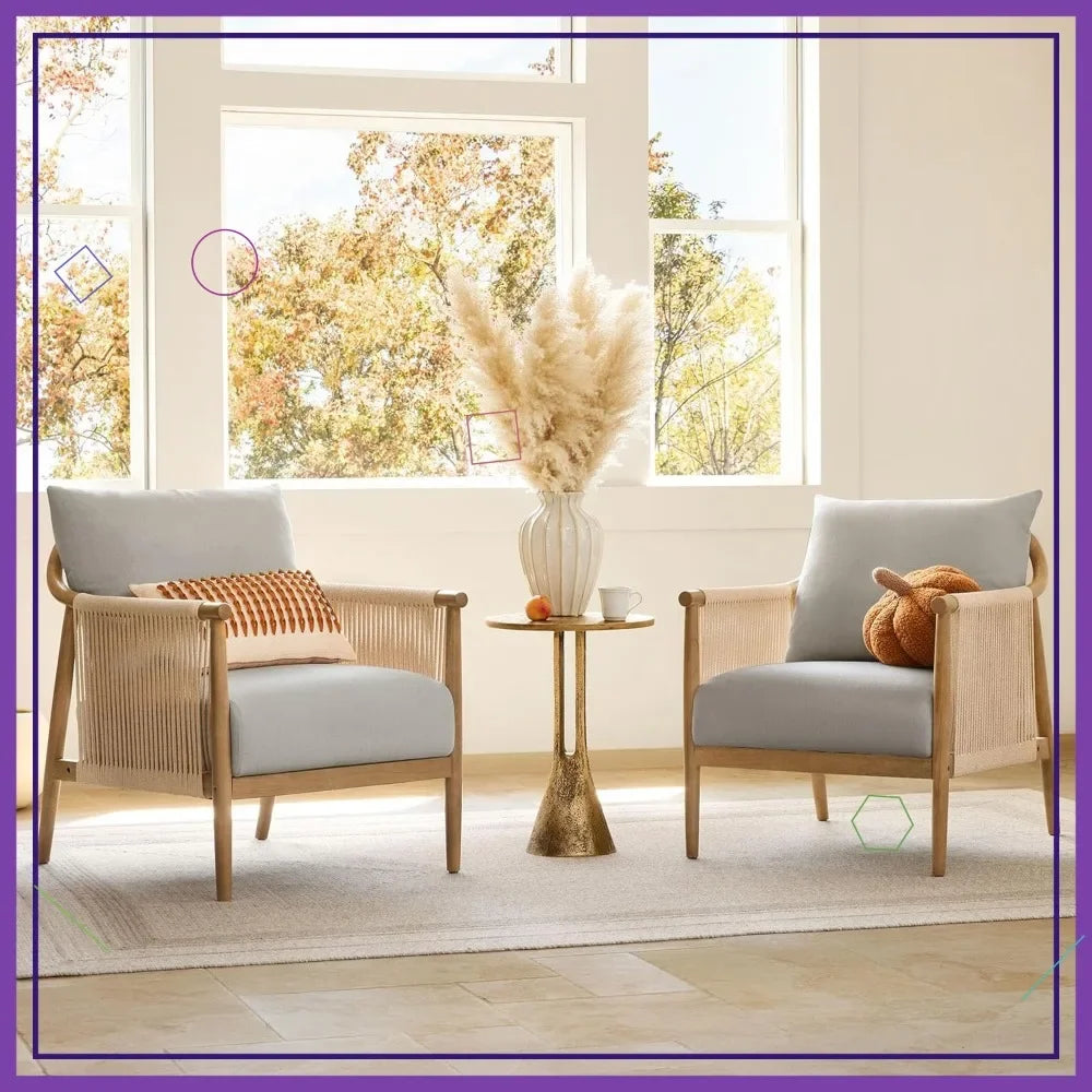 Set of 2 Braid Accent Chairs with Solid Wooden Armrests, Modern Boho Reading Armchair for Living Room, Bedroom, Light Grey