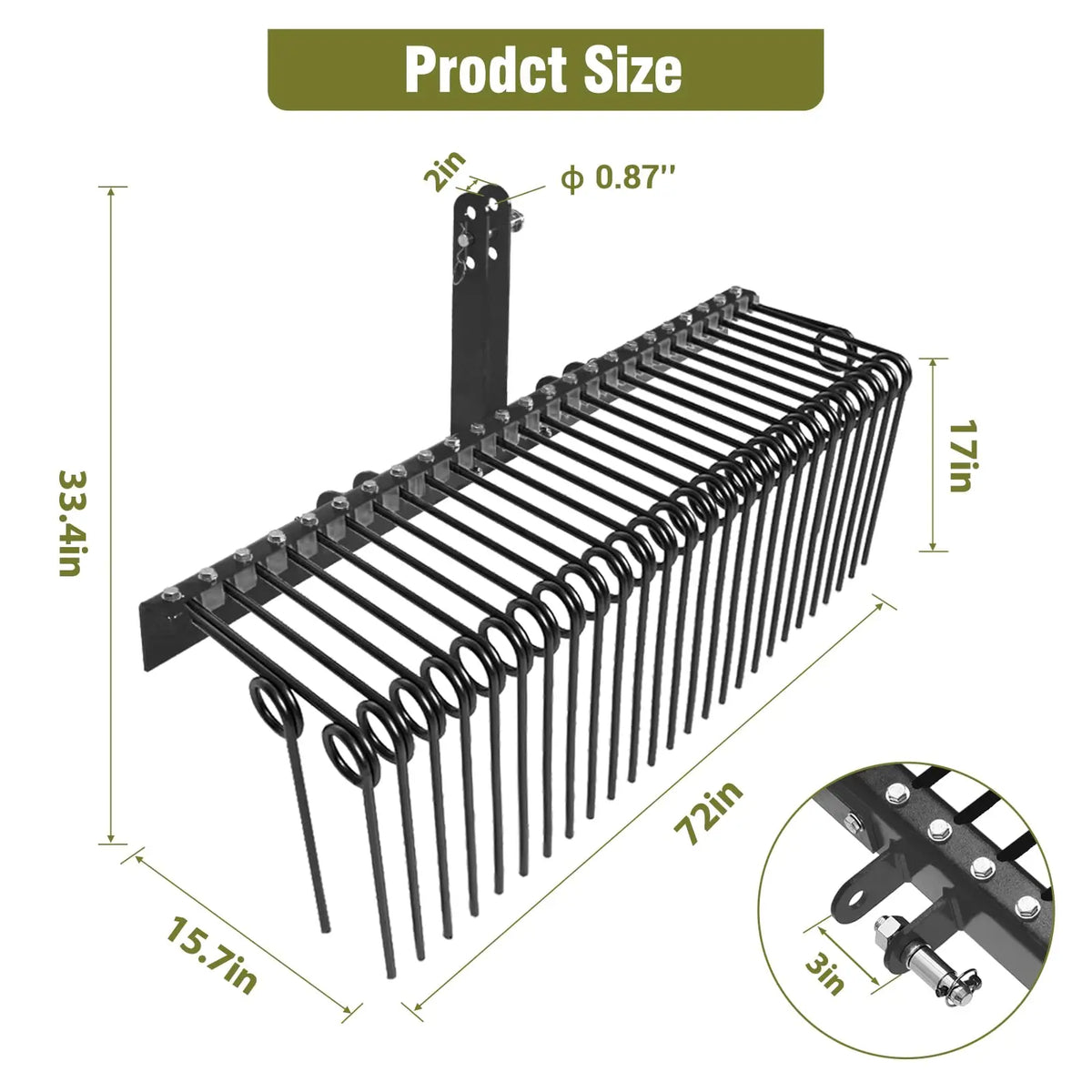 72 Inch Pine Straw Rake, 30 Coil Spring Tines Durable Powder Coated Steel Tow Behind Landscape Rake with 3 Point Hitch Receiver Attachment Fit to Cat0 Cat 1 Tractors for Leaves Grass
