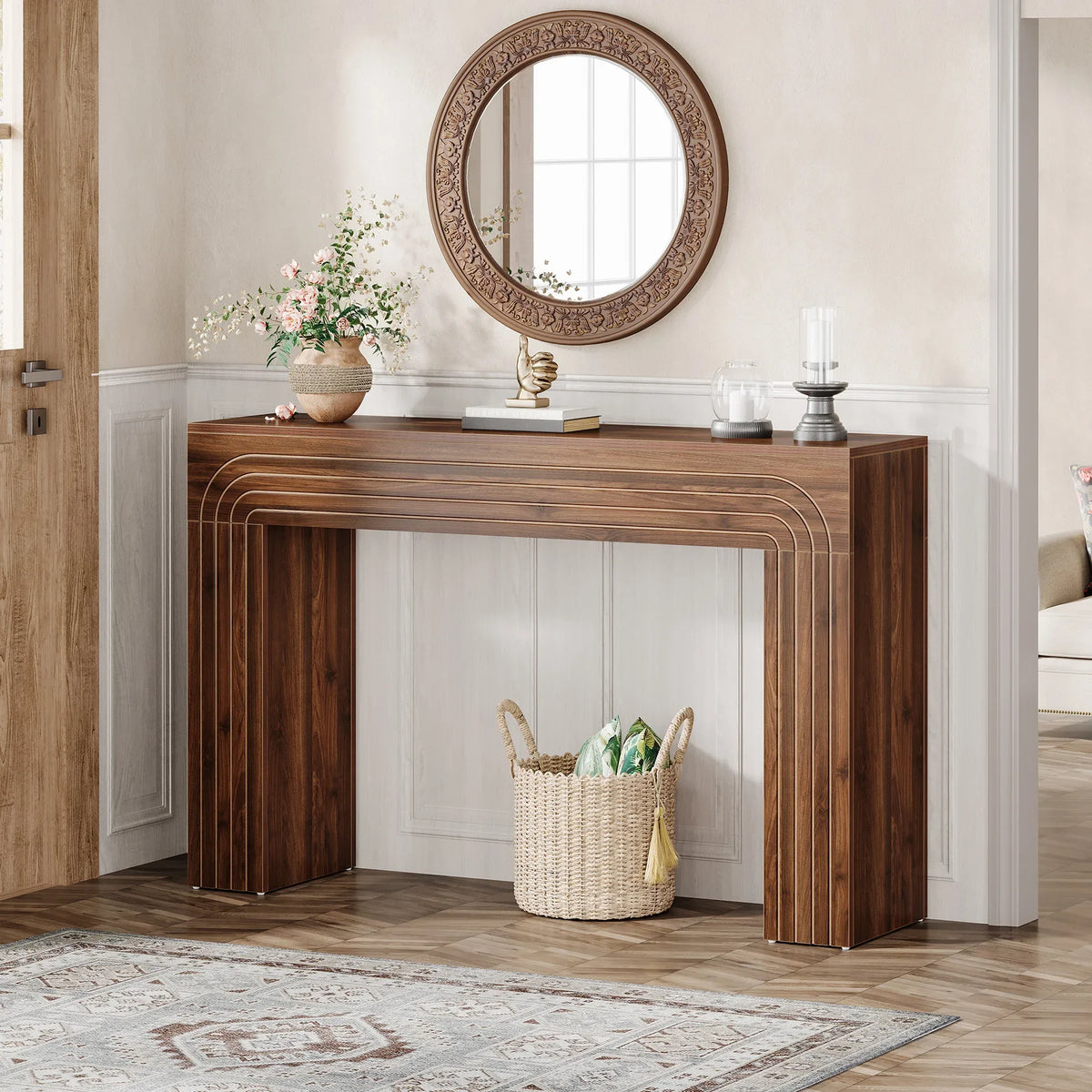 Rustic Bamboo Foyer Console Table With Matching Wall Mirror