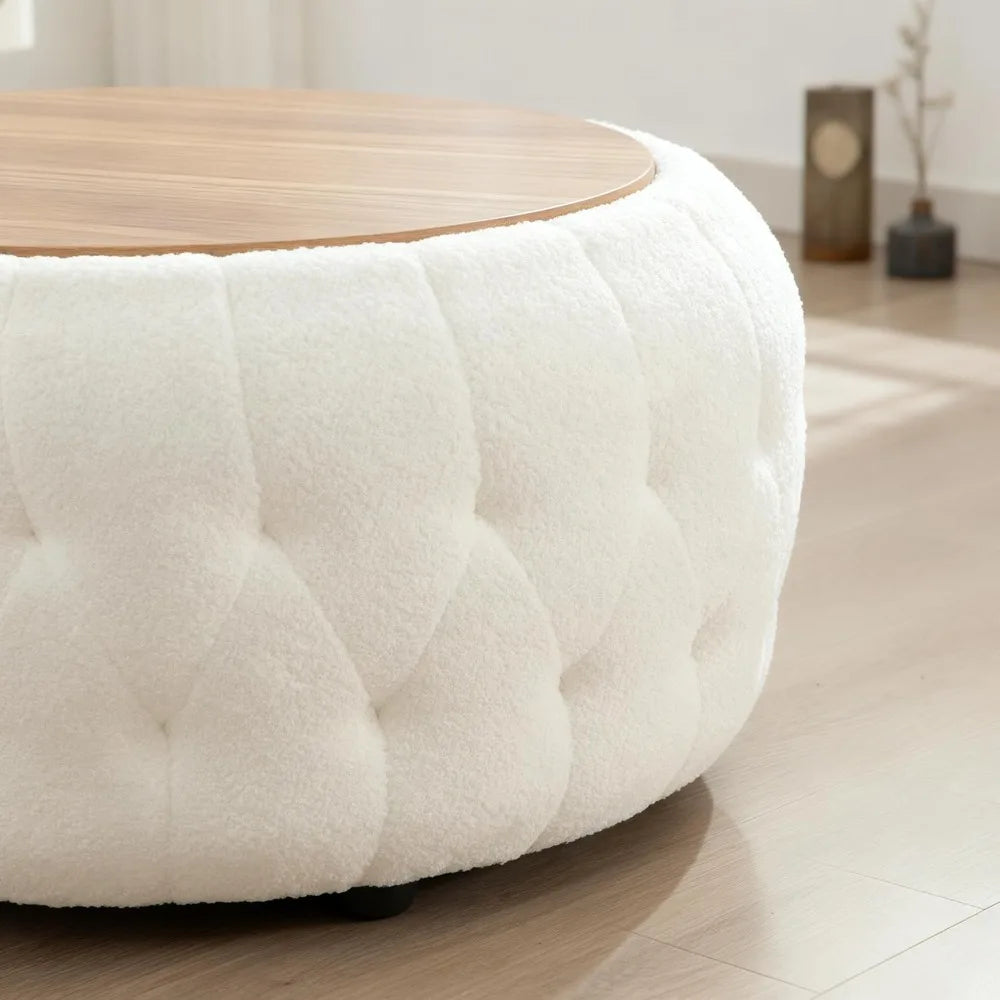 Round Storage Ottoman Coffee Table With Teddy Fabric