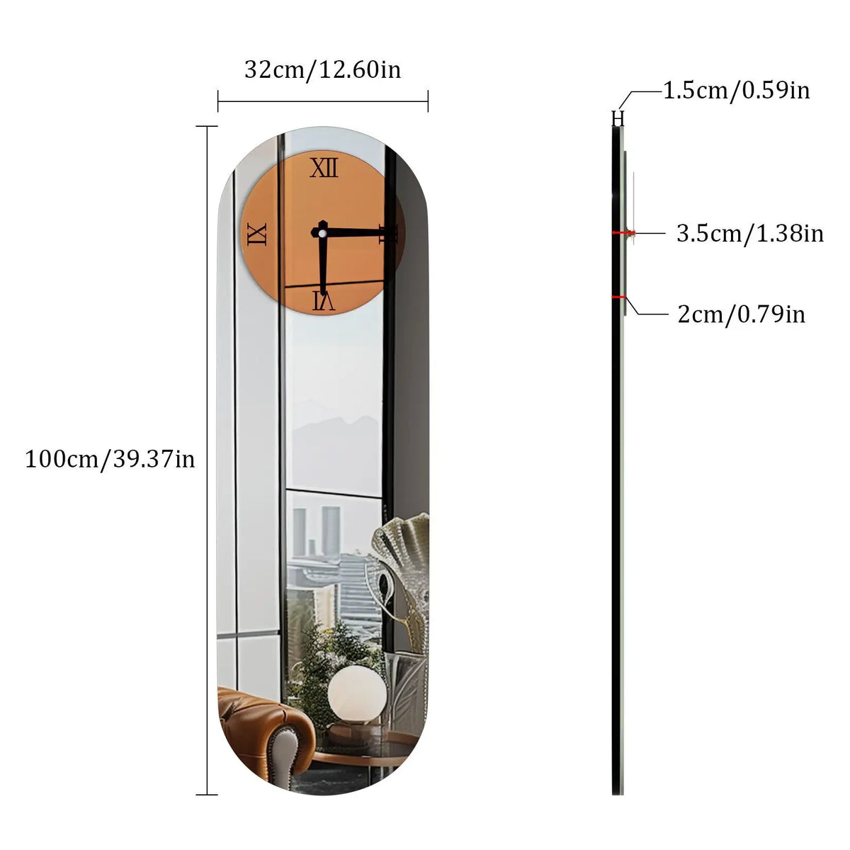 Mirror Wall Clock Modern Minimalist Long Oval Brown Tinted Wall Clock Silver Mirror Decorative Clock for Home, Living Room