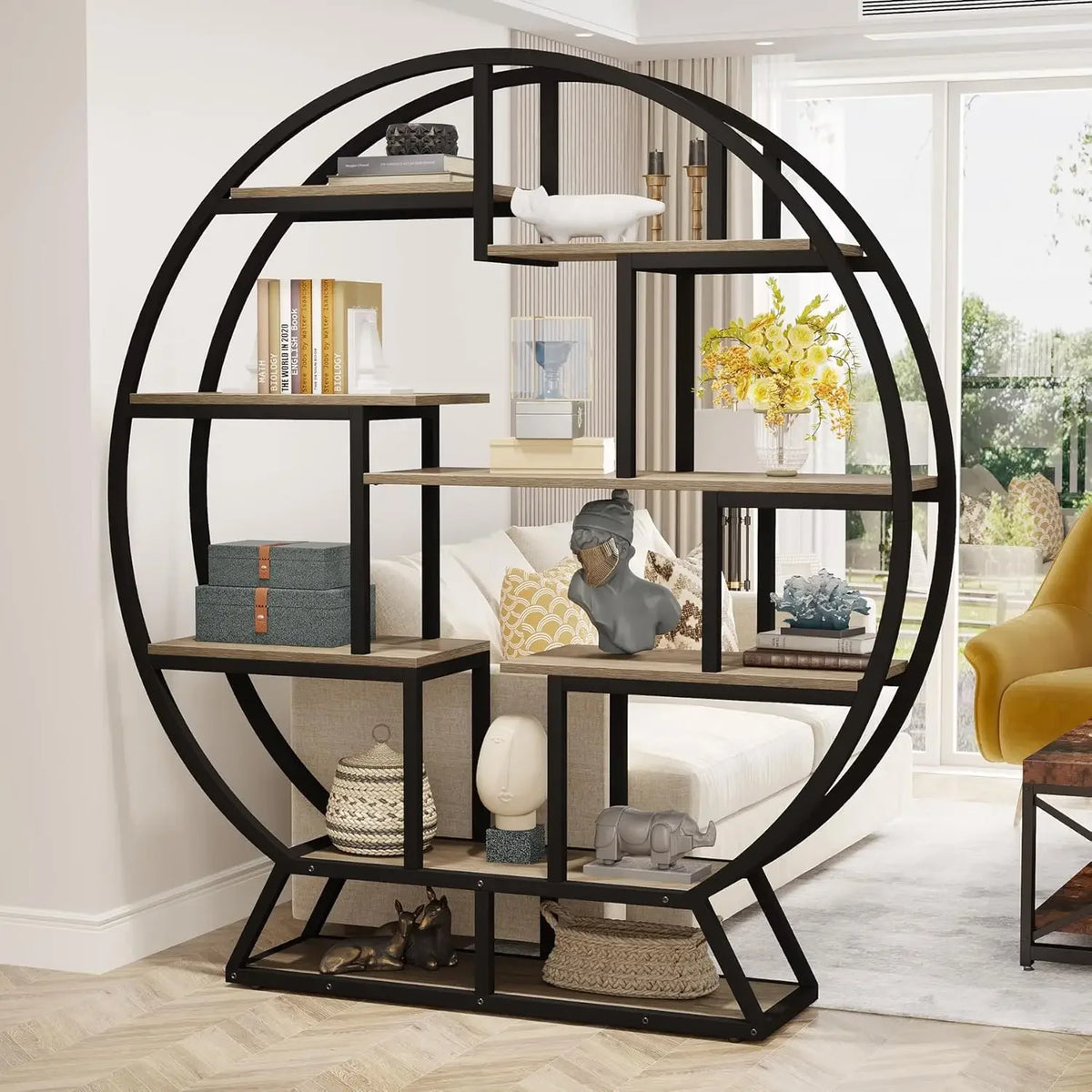 Tribesigns Round Industrial Bookshelf With Staggered Wood Shelves