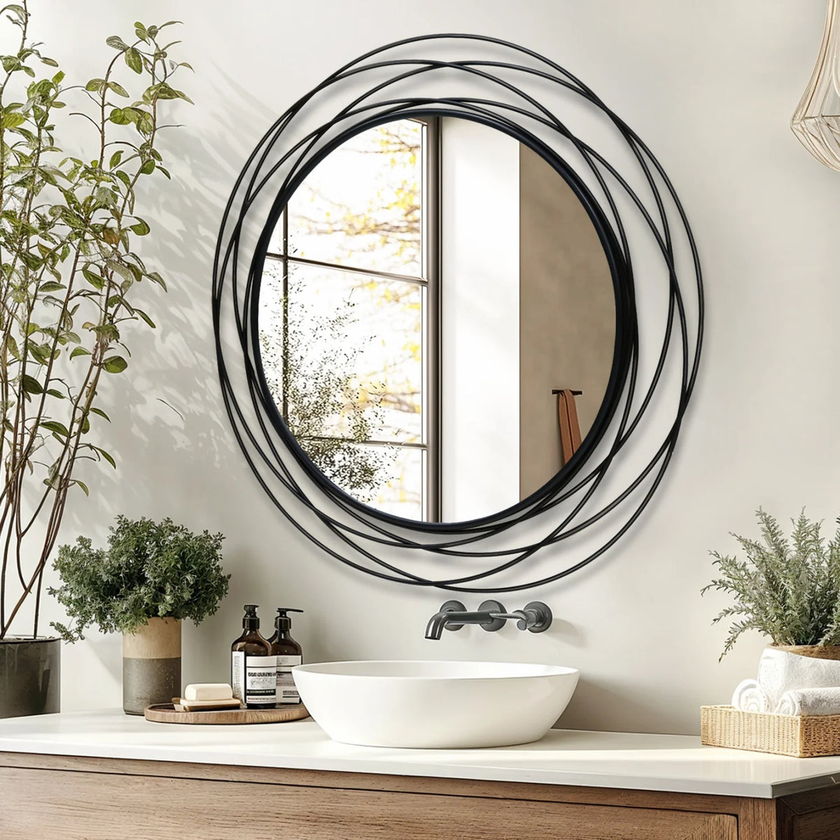 Decorative Round Wall Mirror With Iron Wire Frame For Home Decor