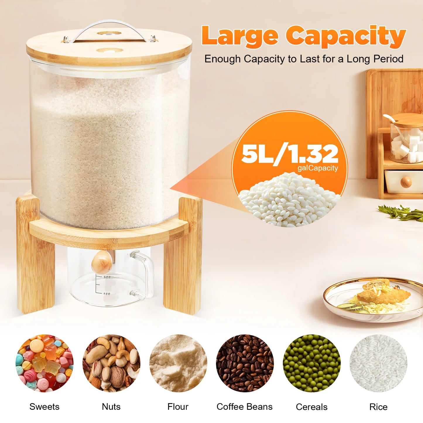 Capacity Airtight Glass Dry Food Storage Container Bamboo Lid