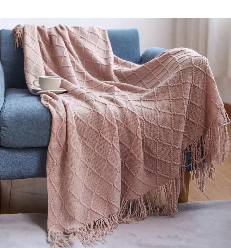 Acrylic Knitted Throw Blanket With Tassels For Sofa And Bed