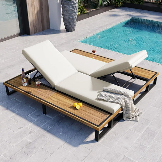 Outdoor Chaise Lounge Set With Steel Frame And Wood Table