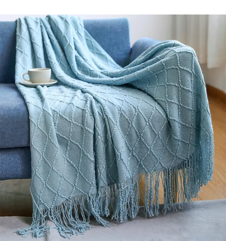 Acrylic Knitted Throw Blanket With Tassels For Sofa And Bed