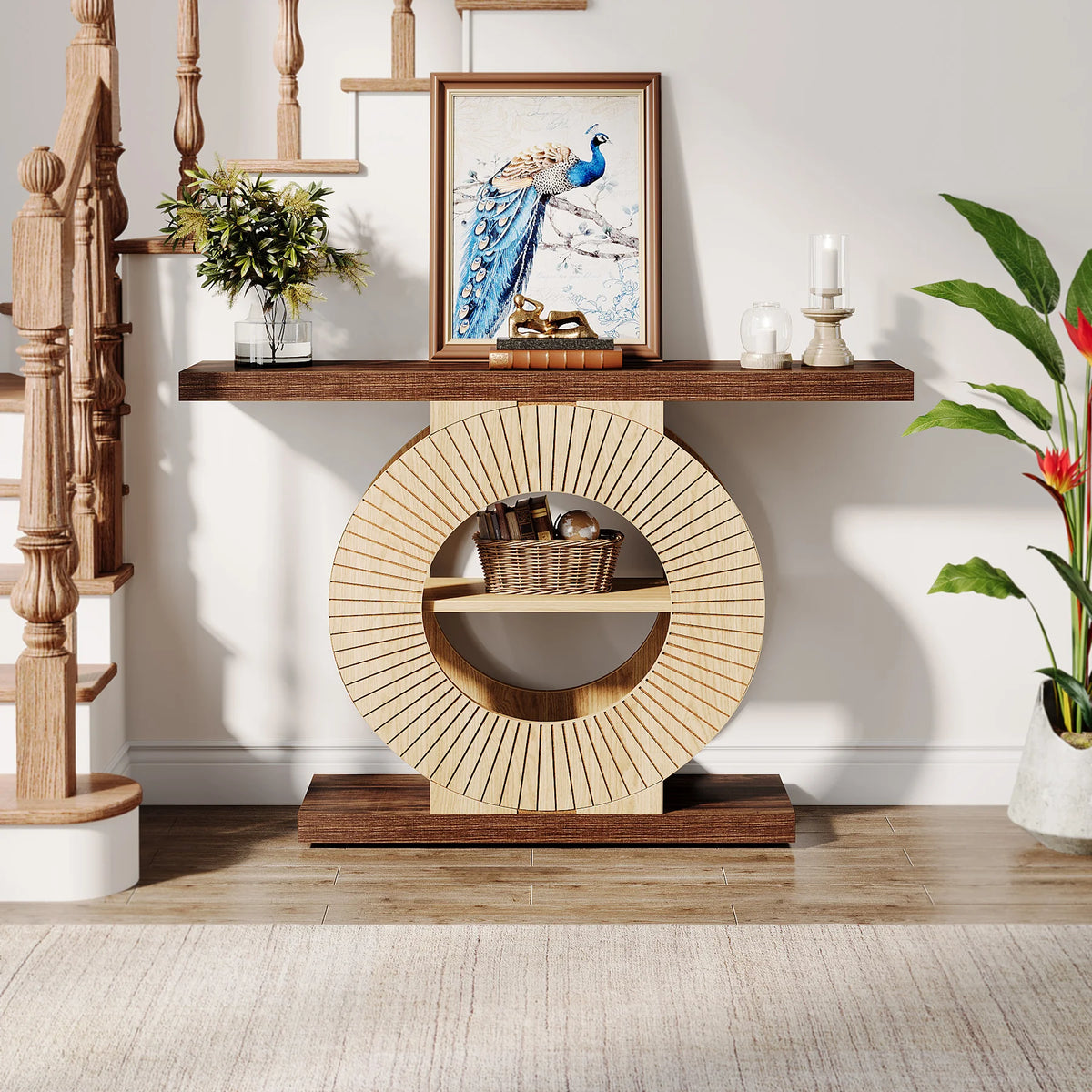 Tribesigns Modern Console Table with Storage Shelves and Rollers