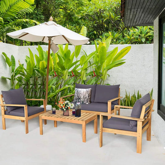 Outdoor 4-Piece Acacia Wood Chat Set, 4 Seater Acacia Wood Conversation Sofa and Table Set with Waterproof, Customized