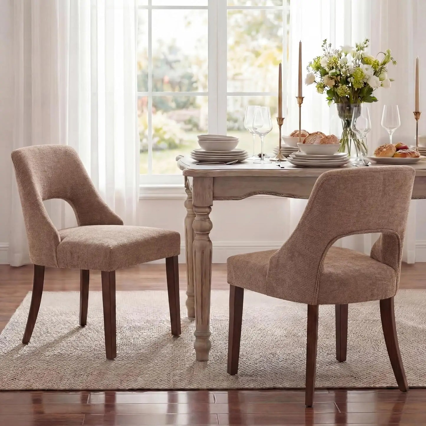 Wooden Dining Chairs Set Of 2 Mid Century Modern Chenille Upholstered