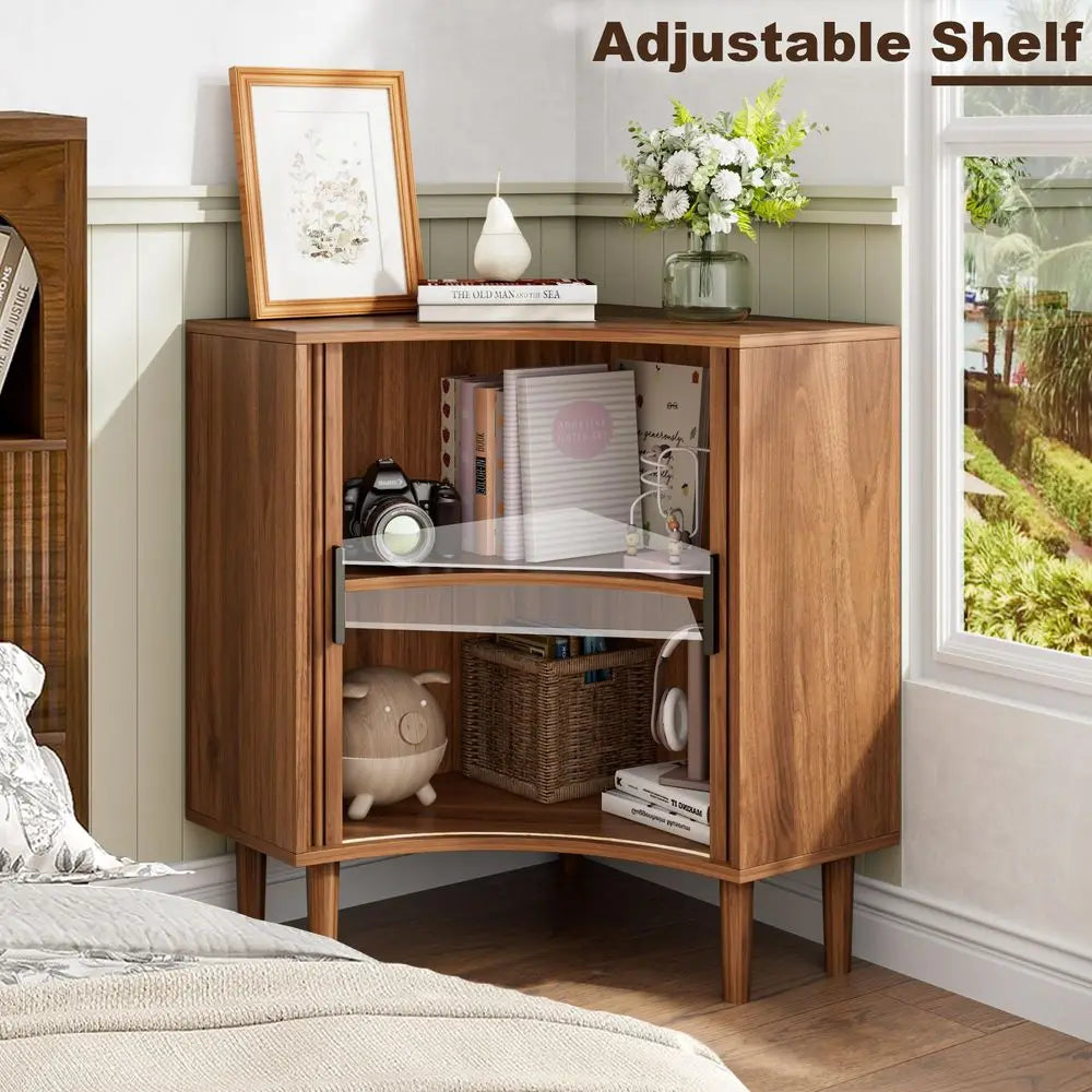 Corner Cabinet, Small Corner Floor Cabinet with Sliding Doors and Adjustable Shelves, Modern Wooden Freestanding Narrow Storage