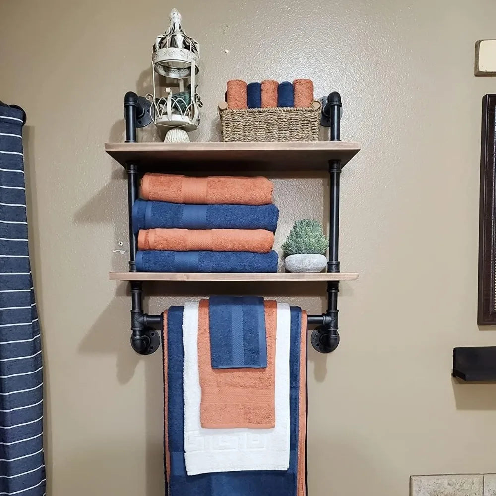 Industrial Pipe Style Wall Mounted Shelves With Towel Rack