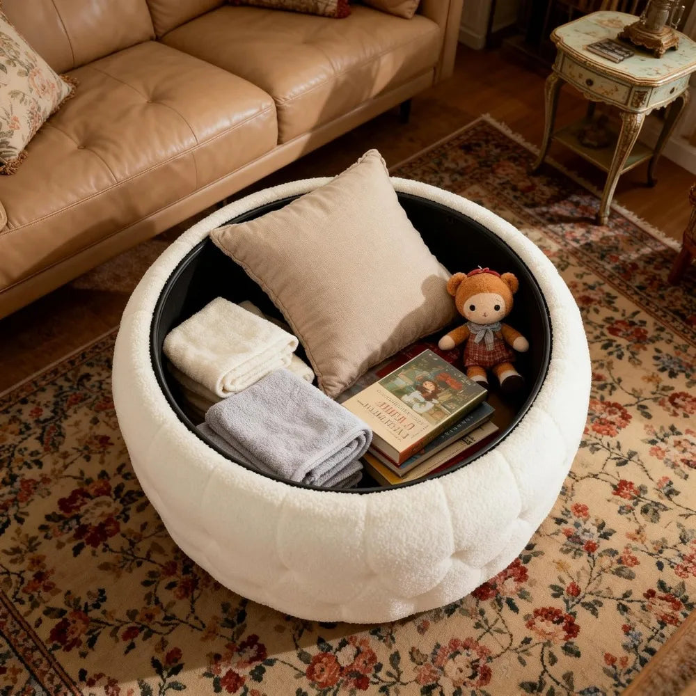 Round Storage Ottoman Coffee Table With Teddy Fabric
