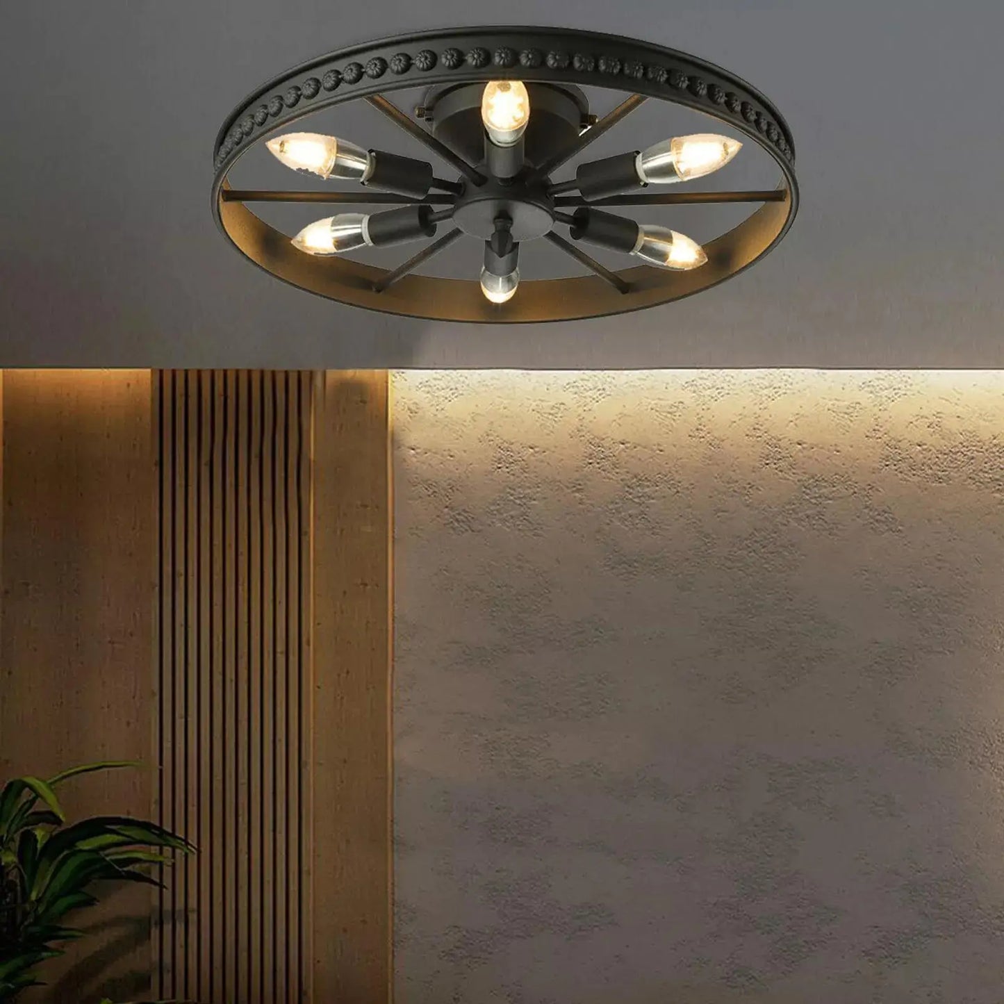Industrial 6 Light Black Iron Flush Mount Ceiling Fixture For Living Room