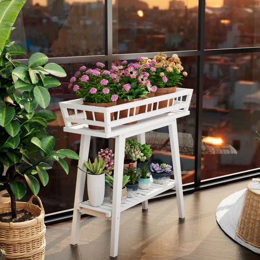 Two Tier Bamboo Plant Stand Indoor Outdoor Garden Shelf