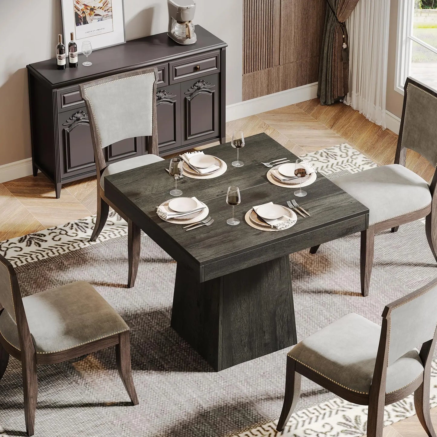 Tribesigns Farmhouse Square Dining Table For Four With Pedestal Base
