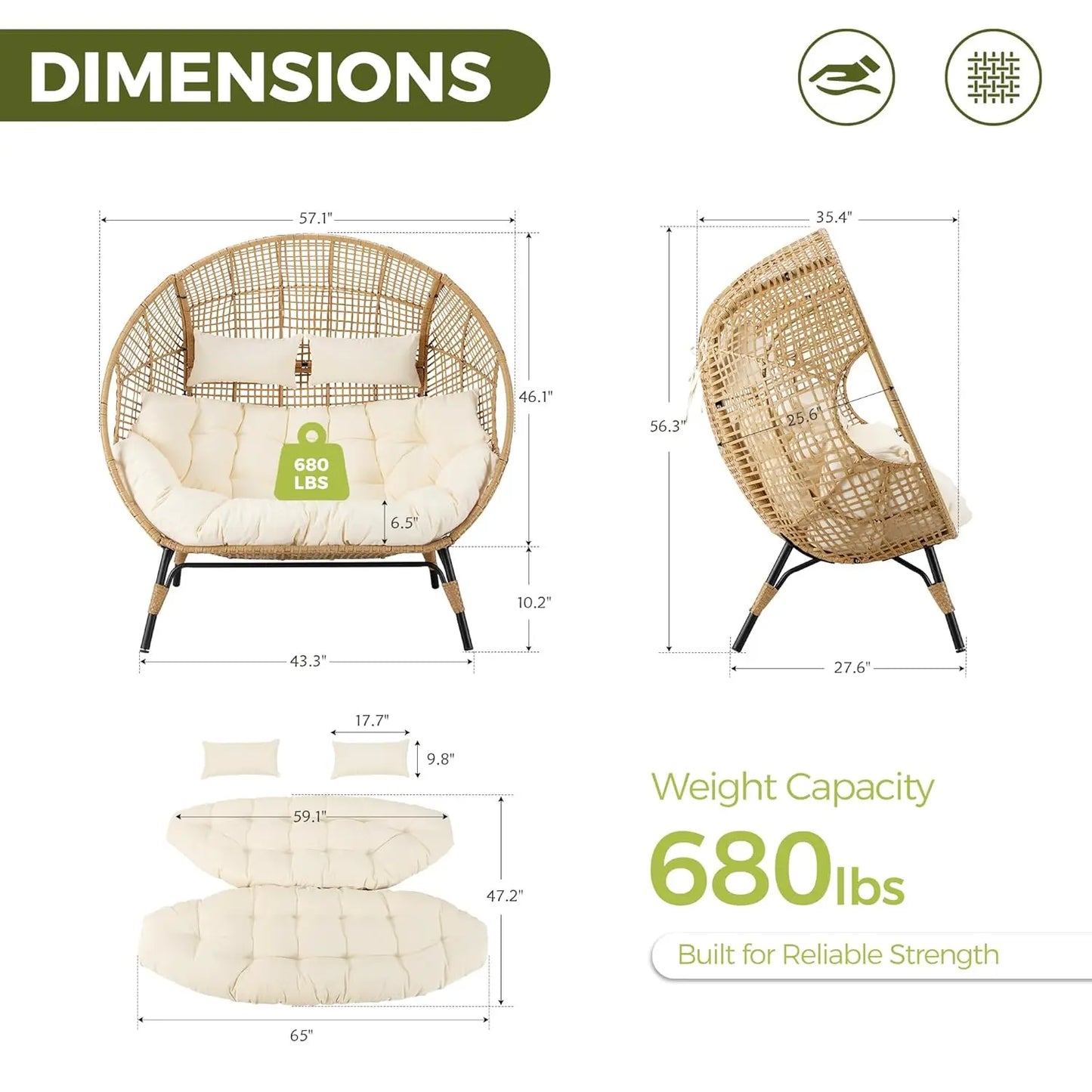 Double Egg Loveseat Wicker Rattan Cushioned Patio Sofa For Garden