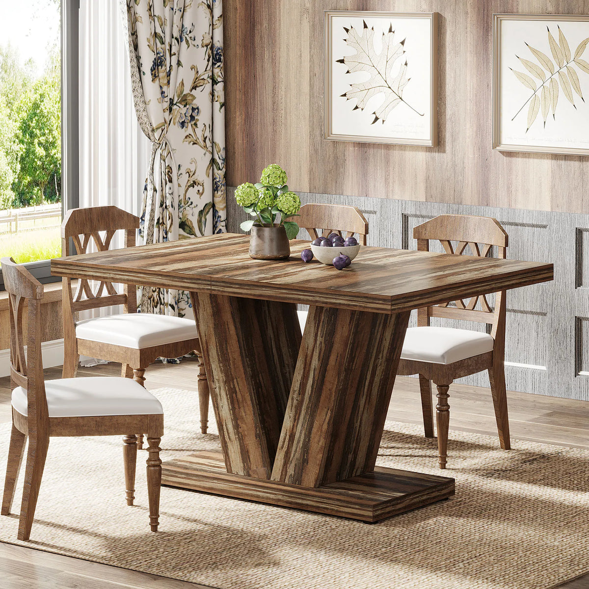 Tribesigns Farmhouse Wooden Dining Table With Heavy Duty Pedestal