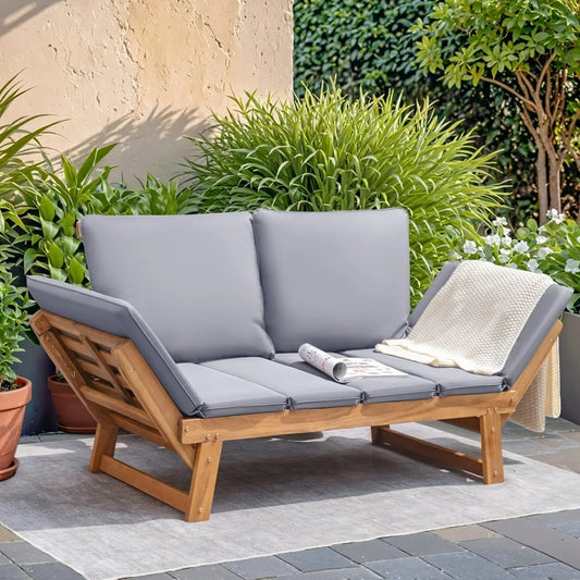 Devoko Outdoor Acacia Wood Convertible Patio Sofa With Adjustable Armrests