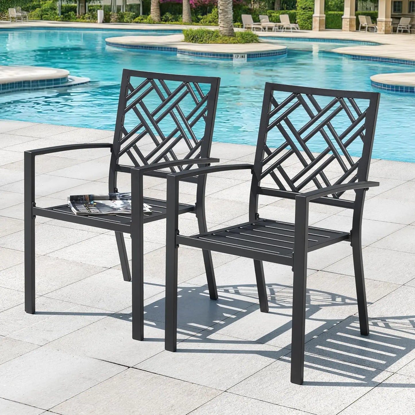 Stackable Metal Patio Dining Chairs with Armrest, Outdoor Garden Backyard Deck Poolside Bistro Set of 2, Black, Custom