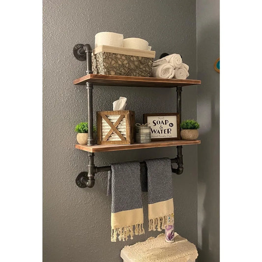 Industrial Pipe Style Wall Mounted Shelves With Towel Rack
