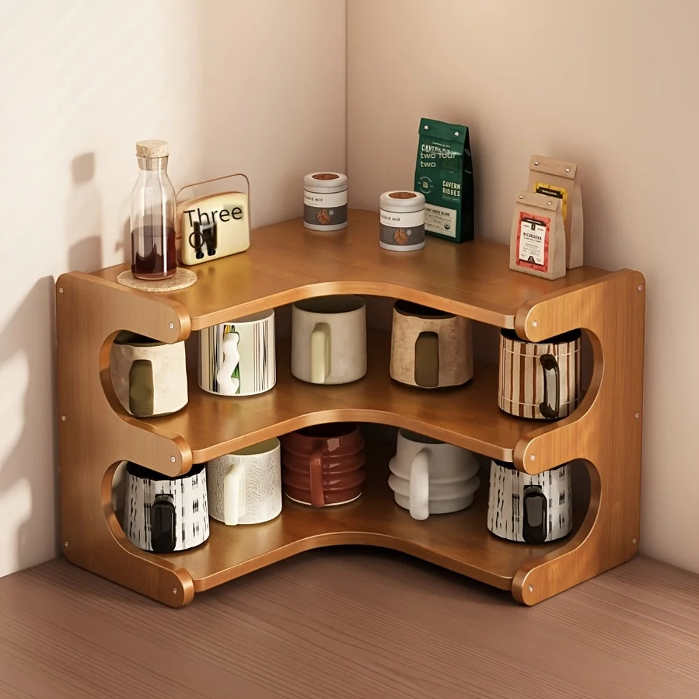 Three-Tier Bamboo Corner Desk Shelf Space-Saving Wall Mount Storage Rack
