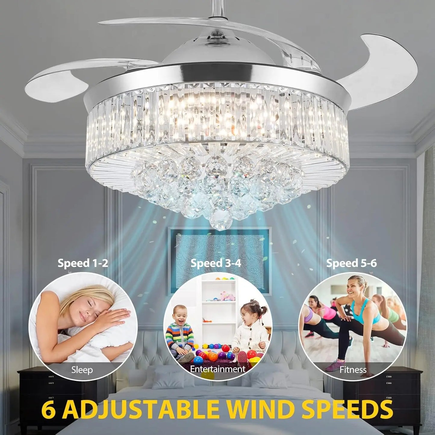 Crystal Ceiling Fan With Light Remote Retractable Blades 6 Speeds
