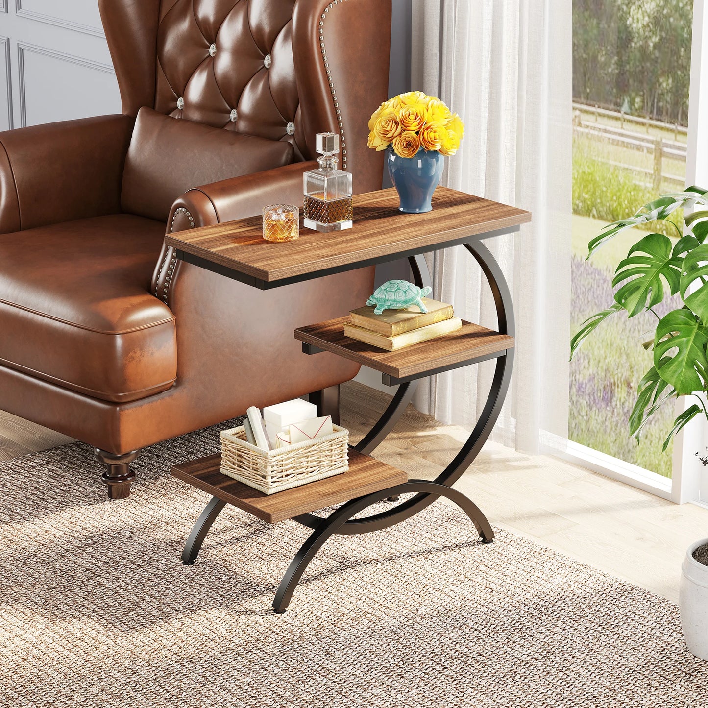 Tribesigns C Shaped End Table With Storage Shelves