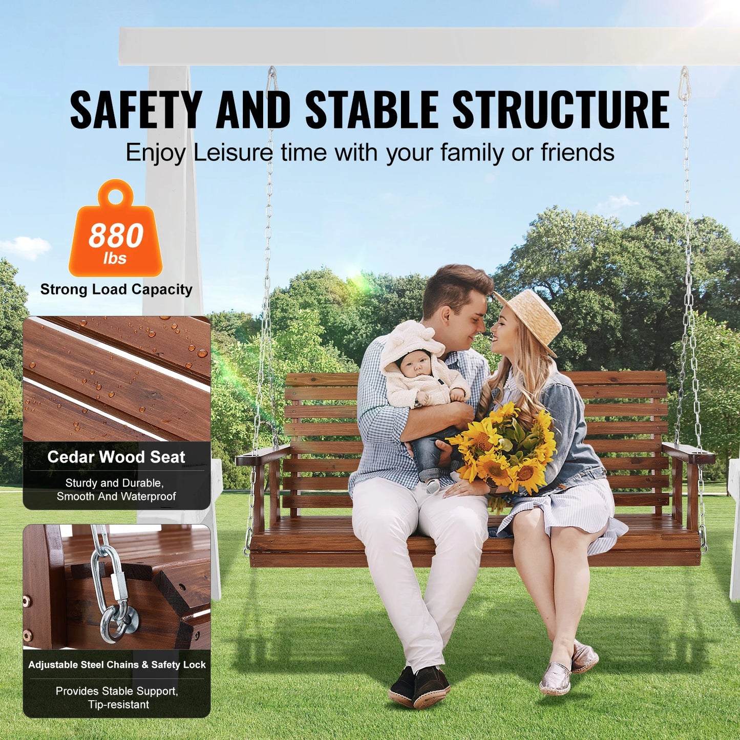 SucceBuy Wooden Porch Swing With 880 Lb Load Capacity