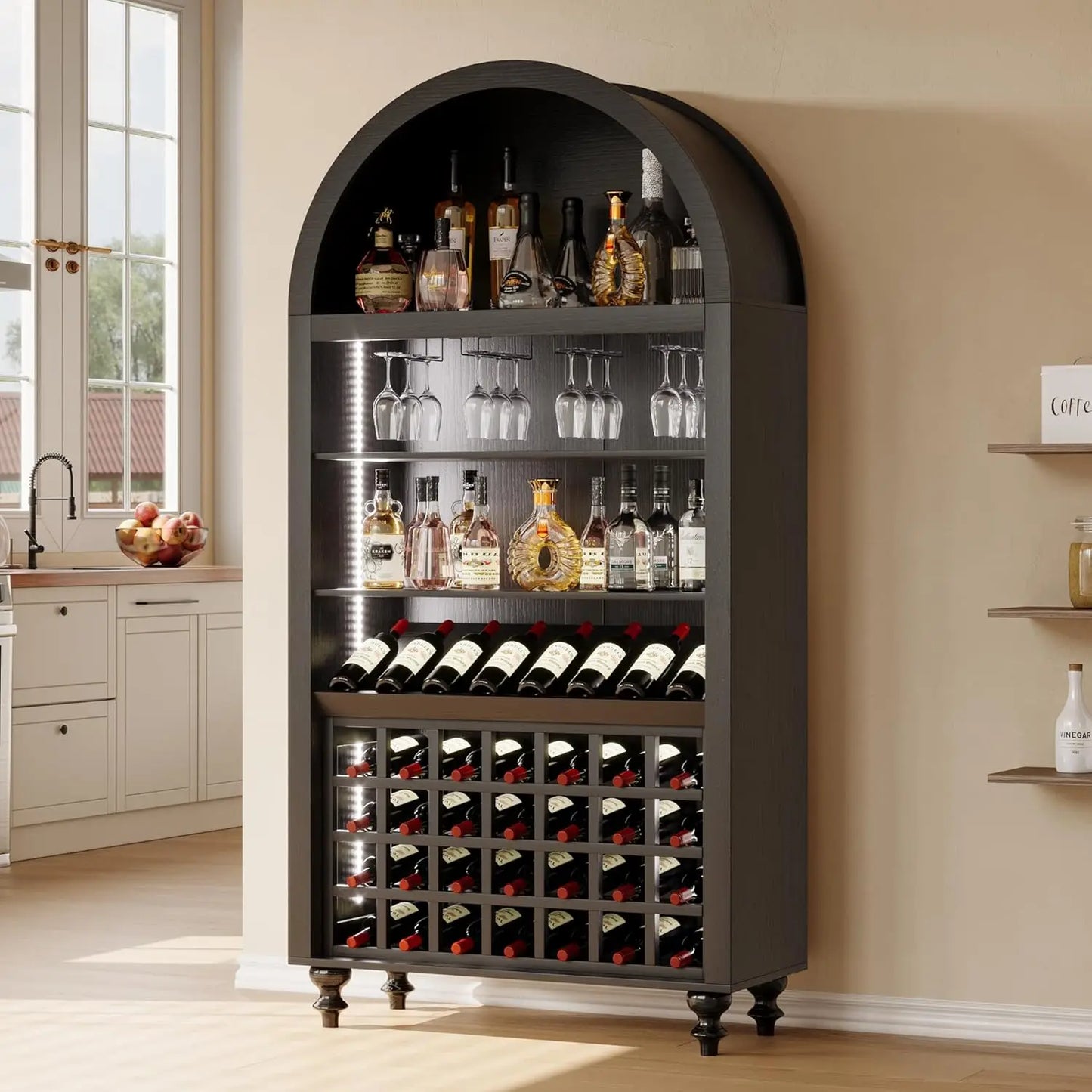 Wine Bar Cabinet With LED Lighting And Glassware Storage