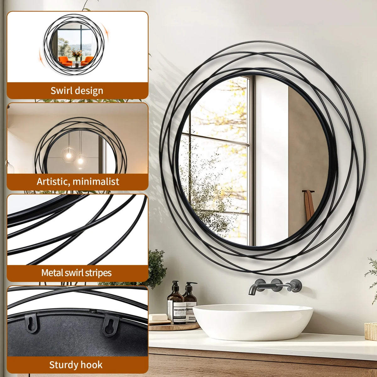 Decorative Round Wall Mirror With Iron Wire Frame For Home Decor