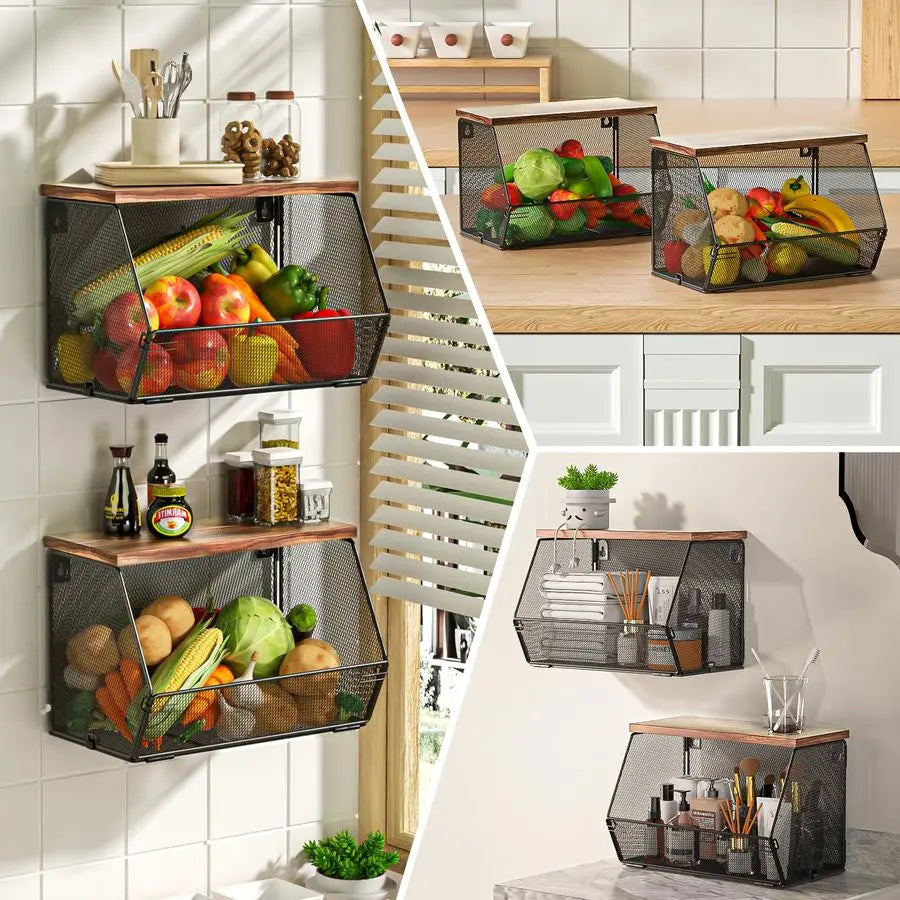 Fruit Basket for Kitchen Countertop Space Saving, Wall Mounted Mesh Metal Wire Baskets with Wood Lid Extra Storage, 2 Pack Kitch
