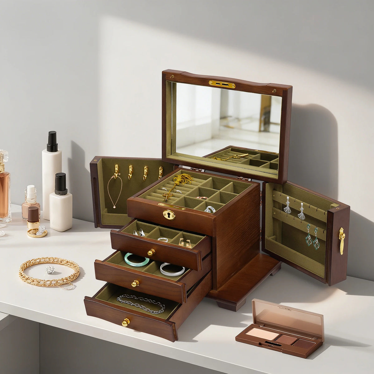 4-tier Multi Functional Jewelry Box Wooden Jewelry Storage Box with Combo Lock for Jewelries, Ring,Necklace and Watches