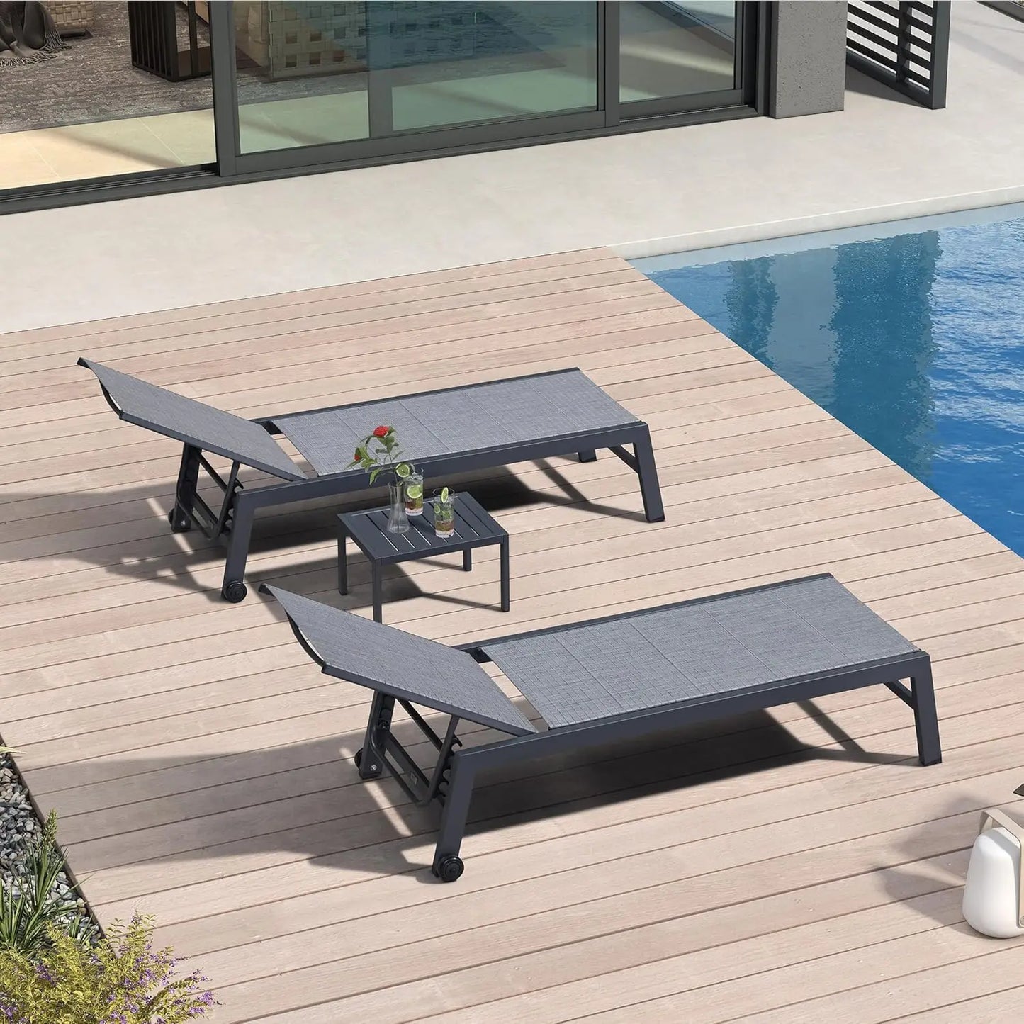 Outdoor Chaise Lounge Set of 2 Aluminum Patio Lounge Chair with Wheels and Side Table Pool Chaise Lounge Chair for, Customized