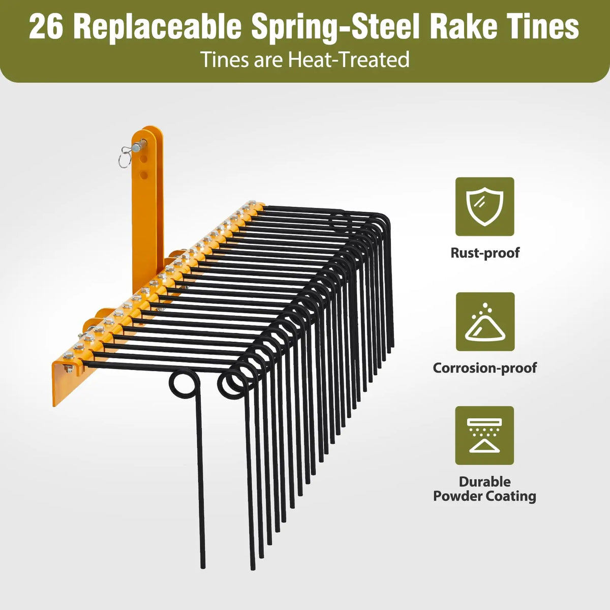 72 Inch Pine Straw Rake, 30 Coil Spring Tines Durable Powder Coated Steel Tow Behind Landscape Rake with 3 Point Hitch Receiver Attachment Fit to Cat0 Cat 1 Tractors for Leaves Grass