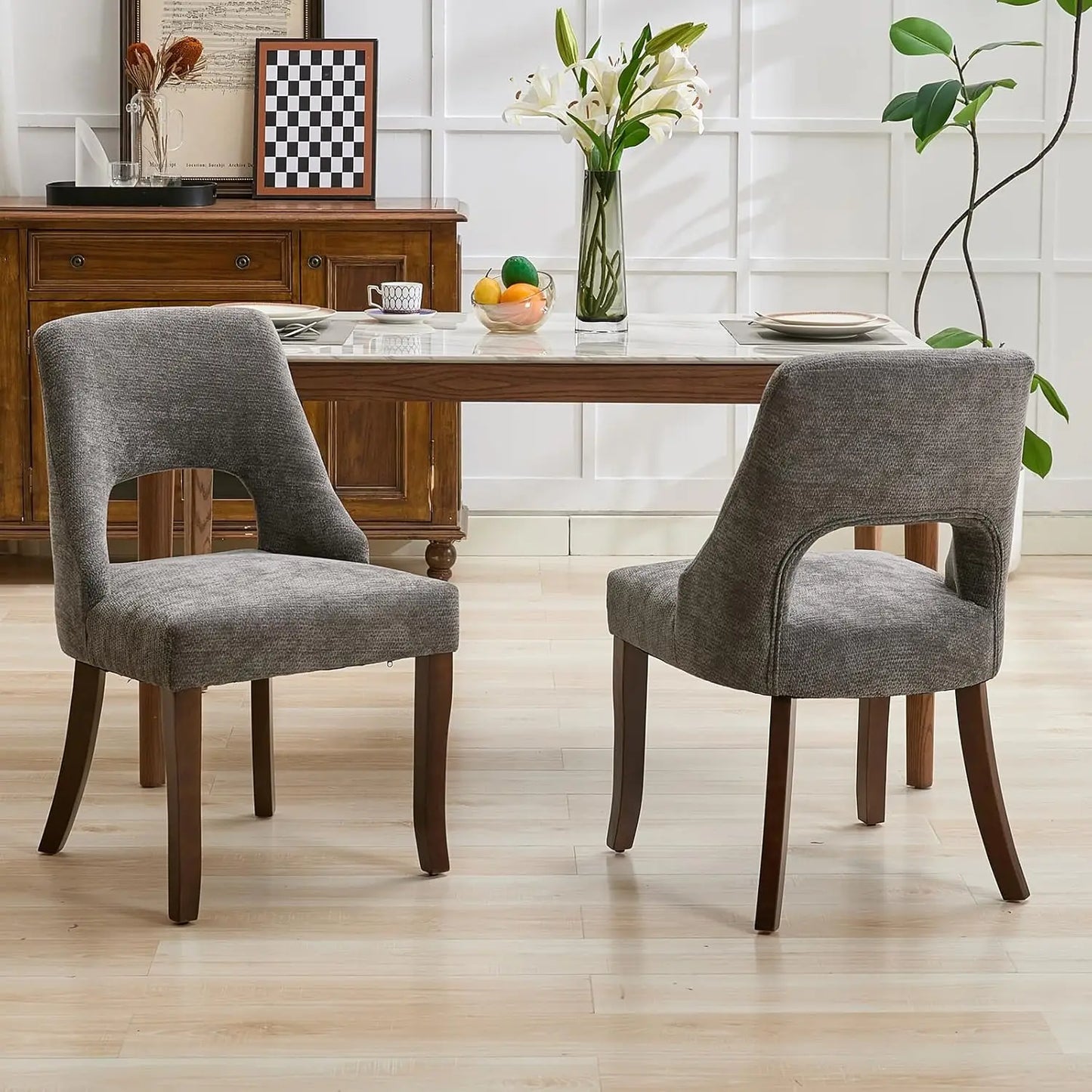 Wooden Dining Chairs Set Of 2 Mid Century Modern Chenille Upholstered