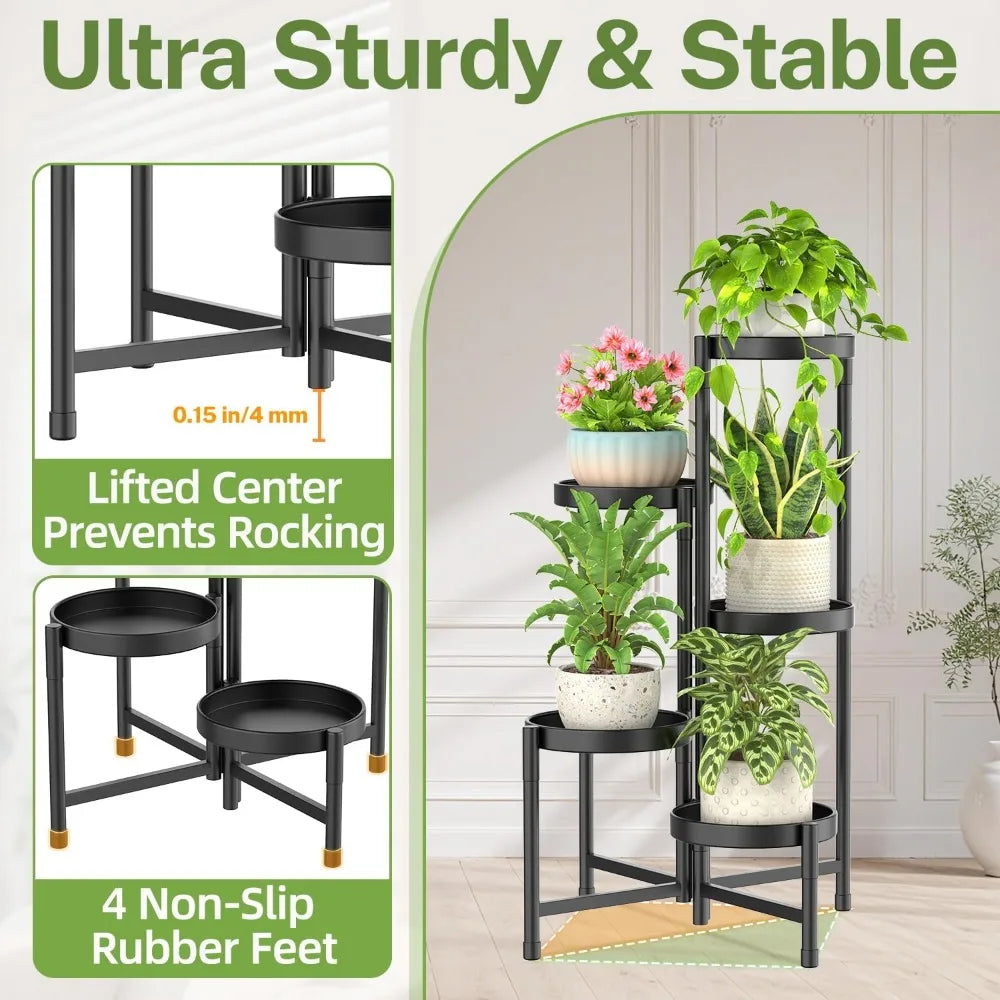 5 Tier Corner Metal Plant Stand Folding Tall Flower Display Rack for Indoor Outdoor Patio Balcony Garden Black