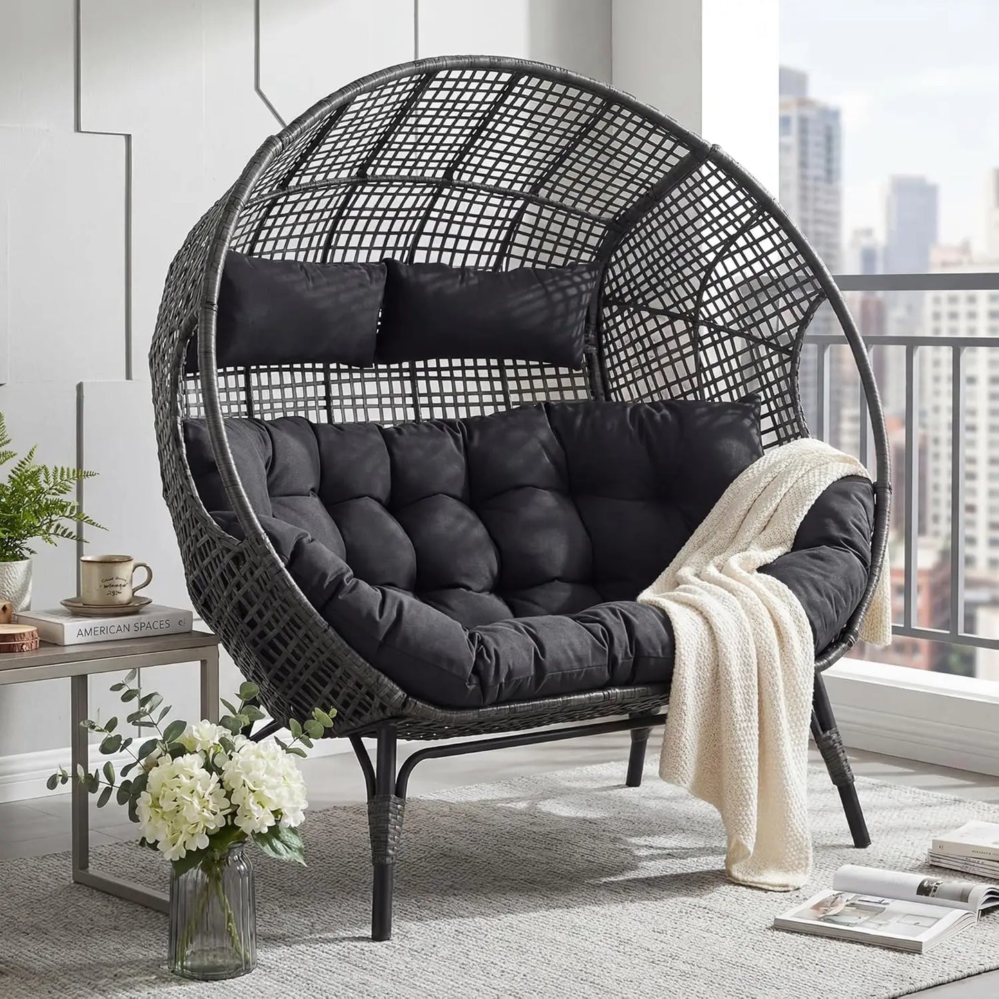 Double Egg Loveseat Wicker Rattan Cushioned Patio Sofa For Garden