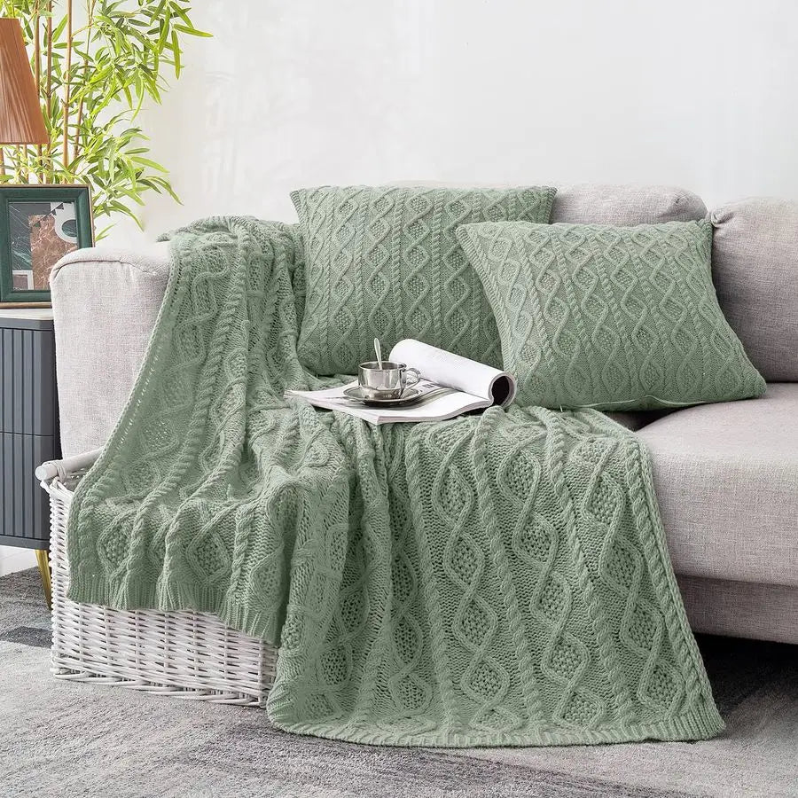Cable Knit Throw Blanket and Pillow Set, Sage Green Set of 3, Knitted Throw 50x60 amp 2 Pillow Covers 18x18, Soft amp Cozy Decor