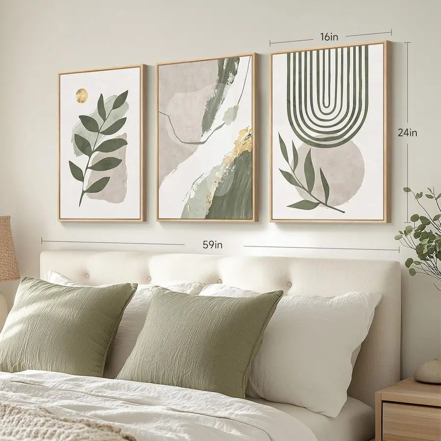 Framed Boho Sage Green Abstract Wall Art for Living Room, 3 Piece Leaf Botanical Canvas Artworks Decor, Minimalist Geometric Bei