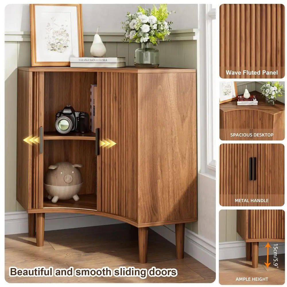Corner Cabinet, Small Corner Floor Cabinet with Sliding Doors and Adjustable Shelves, Modern Wooden Freestanding Narrow Storage