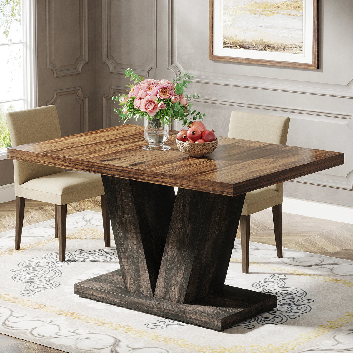 Tribesigns Farmhouse Wooden Dining Table With Heavy Duty Pedestal